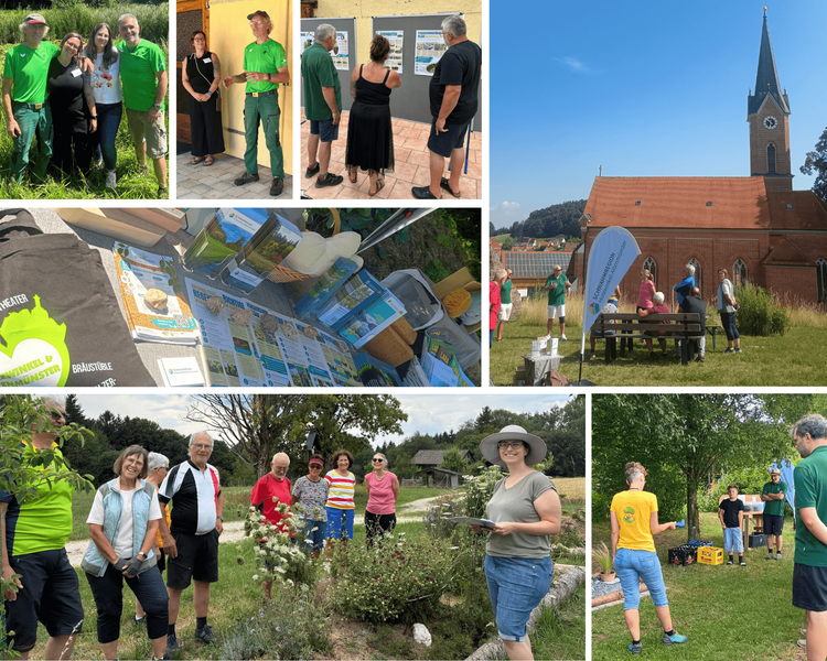 Die Collage zeigt Menschen bei einer gemeinsamen Veranstaltung rund um Natur, Umwelt.
Oben links: Vier Personen stehen gemeinsam im Grünen. Zwei Männer tragen grüne Kleidung des Vereins. Die Gruppe lächelt und posiert für ein Foto.
Oben Mitte: Eine Frau und ein Mann stehen vor einem Gebäude. Der Mann trägt ein grünes Vereins-Shirt und spricht, während die Frau ihm zuhört.
Oben rechts: Drei Personen betrachten Informationsplakate an einer Wand. Die Plakate informieren über Wassersensible Gartengestaltung.
Mitte links: Auf einem Tisch liegen zahlreiche Informationsflyer und Broschüren. Die Materialien informieren über verschiedene Natur- und Umweltthemen.
Mitte rechts: Vor einer großen roten Backsteinkirche steht eine kleine Gruppe auf einer Wiese. Eine Person im grünen Vereins-Shirt spricht zu den Anwesenden. Neben der Gruppe steht ein Informationsbanner der Schwammregion Holzwinkel Altenmünster.
Unten links: Mehrere Menschen stehen in einer blühenden Wiese. Im Vordergrund befindet sich ein naturnah angelegtes Beet mit verschiedenen Blumen und Pflanzen. Eine Frau mit Hut hält Informationsmaterial in der Hand und erklärt offenbar etwas.
Unten rechts: Eine kleine Gruppe steht im Grünen zusammen. Eine Frau im gelben T-Shirt spricht mit mehreren Personen. Im Hintergrund sind Tische und Getränkekisten zu sehen.
Gesamteindruck:
Die Fotos zeigen eine gemeinsame Informations- und Vereinsveranstaltung im Freien. Im Mittelpunkt stehen Natur, Gewässer, Umwelt und gemeinschaftliches Engagement. Die Teilnehmenden informieren sich, tauschen sich aus und erkunden gemeinsam die Umgebung.