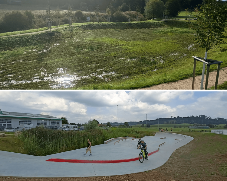 Die Collage besteht aus zwei Fotos, die einen neu gestalteten Außenbereich zeigen. Oberes Bild: Eine große, leicht abgesenkte Grünfläche ist zu sehen. Auf der Wiese stehen mehrere junge Bäume, die mit Holzpfählen befestigt sind. Ein schmaler Weg führt am Rand der Fläche entlang. Die Wiese wirkt teilweise feucht; in einigen Bereichen steht Wasser. Im Hintergrund wachsen Büsche und hohe Gräser. Die tief stehende Sonne spiegelt sich auf den feuchten Stellen der Wiese.
Unteres Bild: Eine große, moderne Skate- und Bewegungsfläche aus hellem Beton liegt neben einer Wiese. Die Fläche ist geschwungen und hat verschiedene Rampen, Erhöhungen und rote Geländer. Mehrere Menschen nutzen die Anlage: Eine Person fährt mit dem Fahrrad, andere sind mit Skateboards oder Rollern unterwegs. Im Hintergrund stehen Fahrräder. Dahinter befinden sich ein Gebäude, hohe Gräser, Felder und bewaldete Hügel. Gesamteindruck: Die Bilder zeigen einen neu gestalteten Freizeit- und Naturbereich. Neben einer naturnahen Grünfläche mit jungen Bäumen und feuchten Bereichen wurde eine moderne Skateanlage geschaffen. Der Bereich verbindet Natur, Bewegung und Freizeit miteinander.