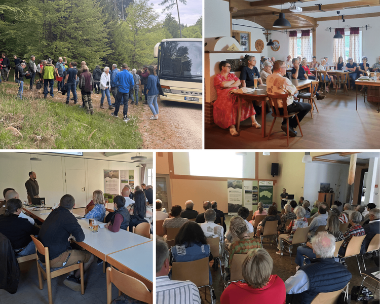 Die Collage zeigt eine Gruppe von Menschen bei einer gemeinsamen Informations- und Bildungsreise zum Thema Natur und Umwelt.
Oben links: Eine größere Gruppe steht auf einem Waldweg neben einem Reisebus. Die Menschen sind unterschiedlich gekleidet und tragen teilweise Rucksäcke. Einige unterhalten sich miteinander. Im Hintergrund ist dichter Wald zu sehen.
Oben rechts: Viele Menschen sitzen in einem gemütlichen Gastraum an Tischen. Sie hören aufmerksam zu und unterhalten sich. An den Wänden hängen Bilder und Dekorationen. Die Atmosphäre wirkt gesellig und entspannt.
Unten links: Eine Gruppe sitzt an Tischen in einem Seminarraum. Vorne steht ein Mann und hält einen Vortrag. Auf dem Tisch stehen Getränke und liegen Unterlagen. Die Teilnehmenden schauen zum Vortragenden.
Unten rechts: Ein größerer Raum ist mit vielen Stühlen gefüllt. Zahlreiche Menschen sitzen und hören einem Vortrag zu. Vorne steht ein Mann neben einem Laptop. Hinter ihm hängen mehrere Informationsbanner mit Bildern und Texten zu Natur- und Umweltthemen.